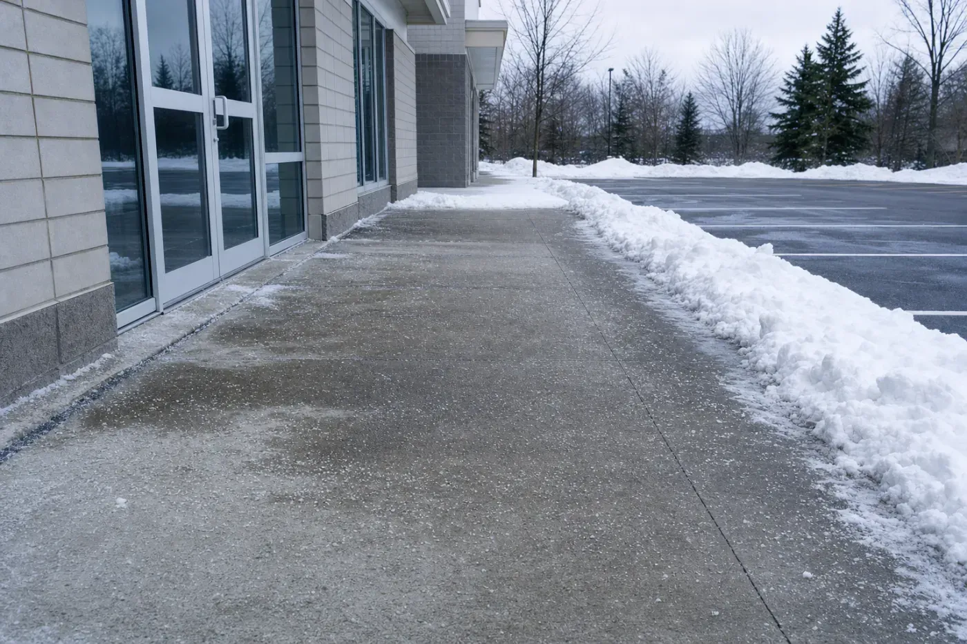 Salted commercial entrance walkway in Oakville with plowed parking bays beyond