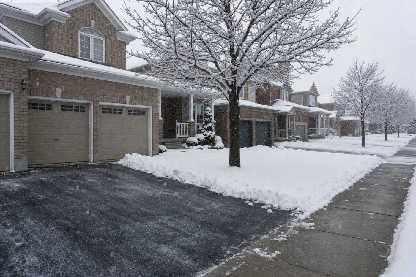 Snow settling across driveways and lawns on an Oakville residential street