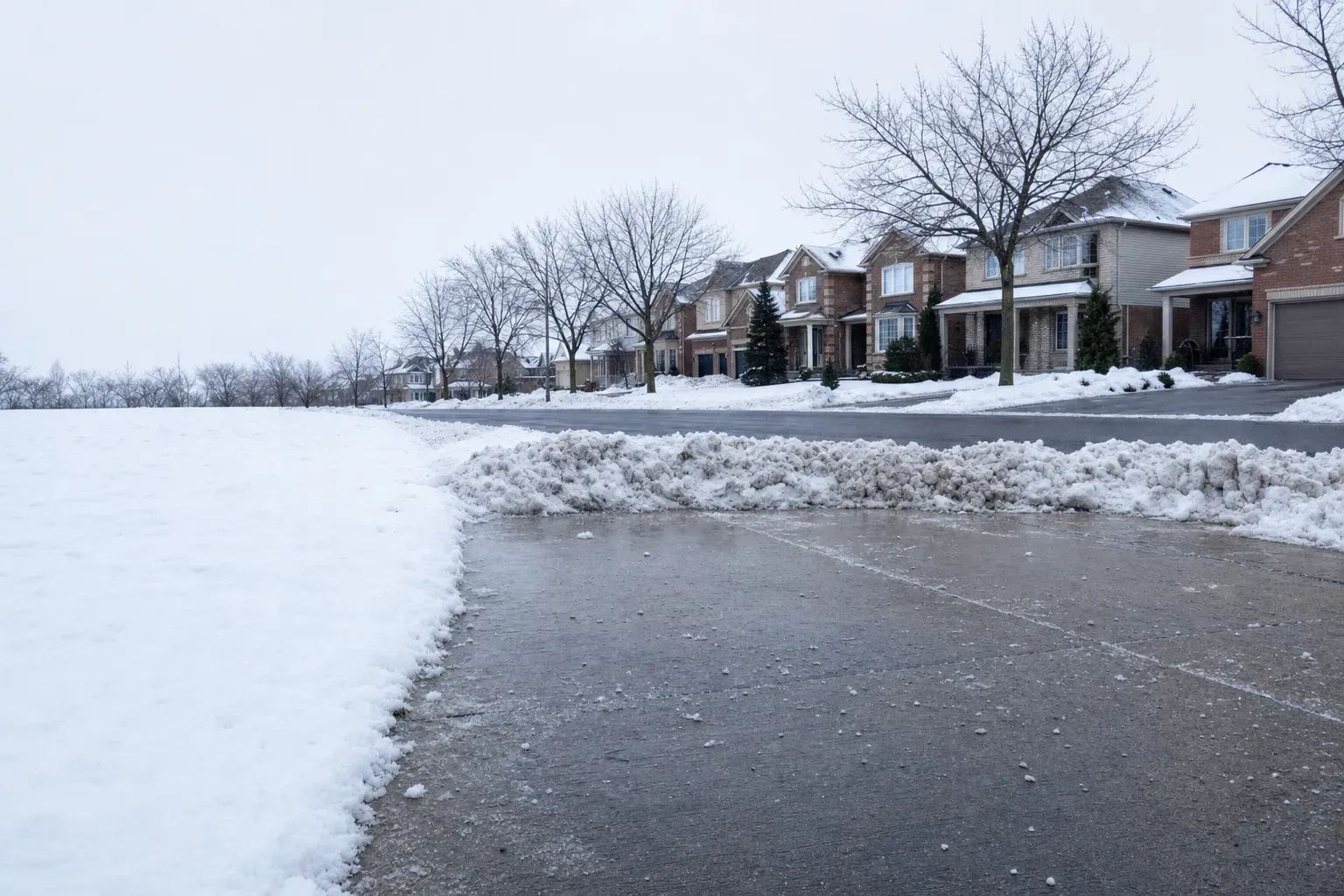 Windrow clearing in Oakville: a ridge of packed plow snow across a residential driveway entrance